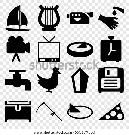 Old icons set. set of 16 old filled icons such as chicken, tap, chest, scythe, hands washing, tv, camera, diskette, harp, sailboat, sundial, alarm