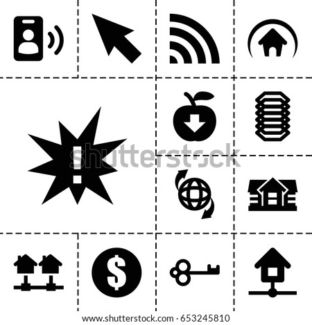 Internet icon. set of 13 filled interneticons such as house, qround the globe, wi-fi, home, call, electric circuit, apple download, exclamation, money, pointer