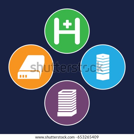 Set of 4 filled icons such as business centre, business center building