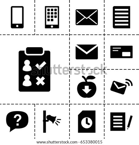 Message icon. set of 13 filled messageicons such as megaphone, document, phone, envelop, calendar on phone, mail, apple download, exclamation