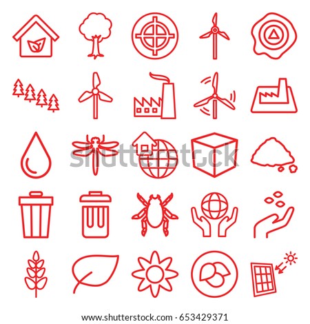 Environment icons set. set of 25 environment outline icons such as dragonfly, beetle, leaf, hand with seeds, pine tree, water drop, tree, ground heap, plant, arrow up
