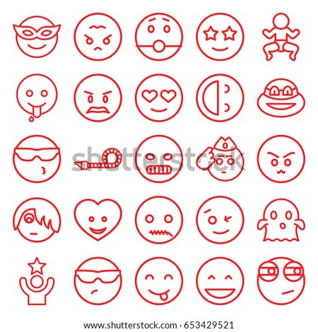 Funny icons set. set of 25 funny outline icons such as heart face, party pipe, laughing emot, wink emot, emoji in mask, ghost, happe emoji with star eyes, ninja, celebrity