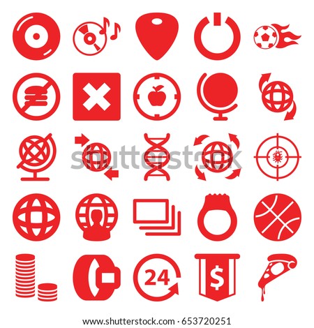 Round icons set. set of 25 round filled icons such as globe, pizza, qround the globe, 24 support, disc on fire, dna, guitar mediator, burst, football ball, switch off