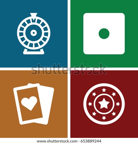 Gamble icons set. set of 4 gamble filled icons such as casino chip, dice, roulette