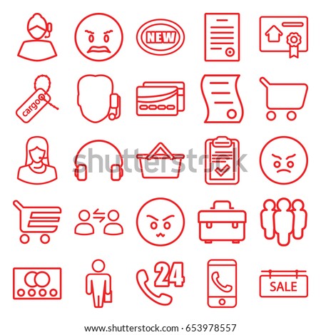 Customer icons set. set of 25 customer outline icons such as credit card, toolbox, cargo tag, customer support, headset, clipboard, sale tag, bill of house sell, bill of house