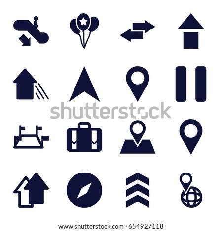 Navigation icons set. set of 16 navigation filled icons such as escalator down, navigation arrow, pin on globe, location pin, luggage, pause, balloon, arrow up, arrow