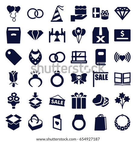 Gift icons set. set of 36 gift filled icons such as parcel, gem, ring, necklace, heart, diamond, shopping bag, rose, box, heart balloons, present, bow, sweet box, rings