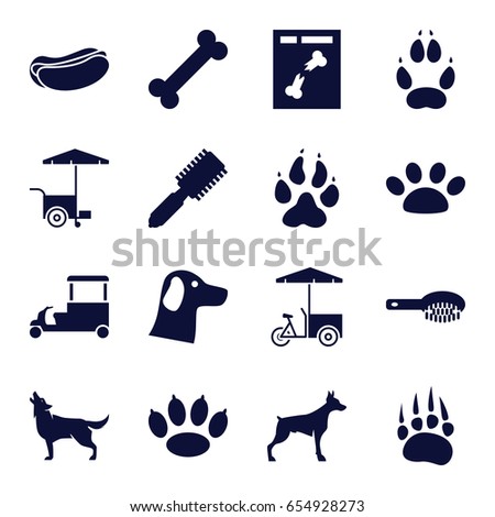 Dog icons set. set of 16 dog filled icons such as animal paw, wolf, hair brush, fast food cart, x ray, paw