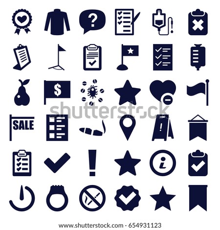 Mark icons set. set of 36 mark filled icons such as cigarette, wet floor, sweater, clipboard, pear, drop counter, check list, heart ribbon, minus favorite, star, tick, flag
