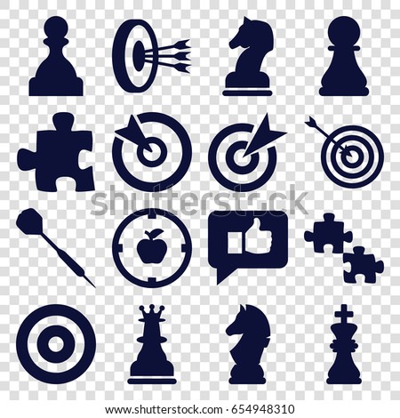 Strategy icons set. set of 16 strategy filled icons such as target, dart, chess king, chess horse, thumb up, apple target, pawn, arrows in target