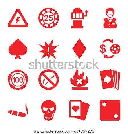 Risk icons set. set of 16 risk filled icons such as pllaying card, spades, diamonds, casino chip and money, 25 casino chip, dice, cigarette, slot machine, no fire