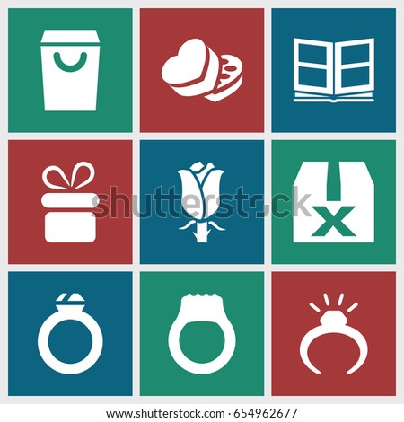 Gift icons set. set of 9 gift filled icons such as present, ring, rose, sweet box, photo album, question box