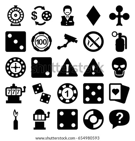 Risk icons set. set of 25 risk filled icons such as clubs, diamonds, roulette, slot machine, casino chip and money, 1 casino chip, dice, security camera, spades, warning