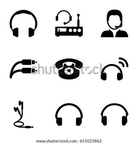 Headphone icons set. set of 9 headphone filled icons such as headset, desk phone, earphones, earphone wire, support, listening device