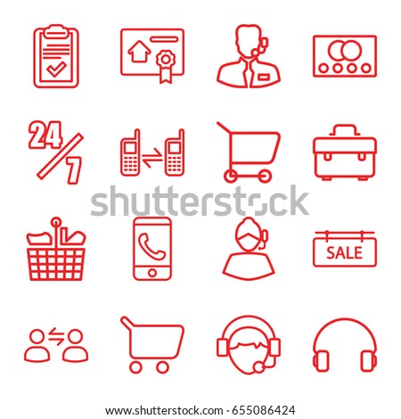 Customer icons set. set of 16 customer outline icons such as credit card, toolbox, headset, operator, connected phone, clipboard, sale tag, bill of house sell, help support