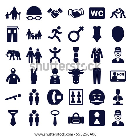 Male icons set. set of 36 male filled icons such as cow, elephant, face, wc, female wc, swimsuit, tie, pants, handshake, bust, emot with mustache, push up, squat, couple