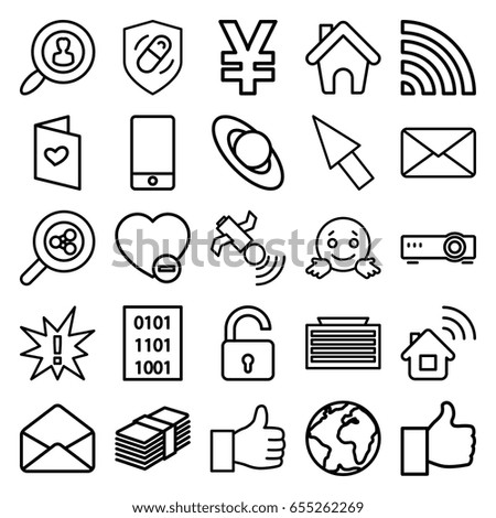 Internet icons set. set of 25 internet outline icons such as business center building, opened lock, minus favorite, love letter, phone, wi-fi, satellite, envelope