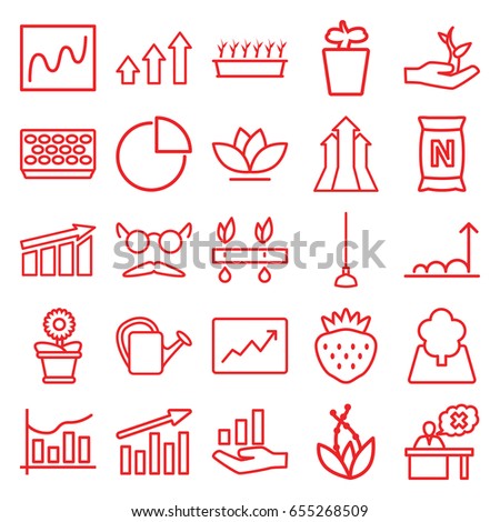 Growth icons set. set of 25 growth outline icons such as mustache and glasses, hoe, watering can, pot for plants, plant in pot, flower pot, flower, strawberry, bag with ground