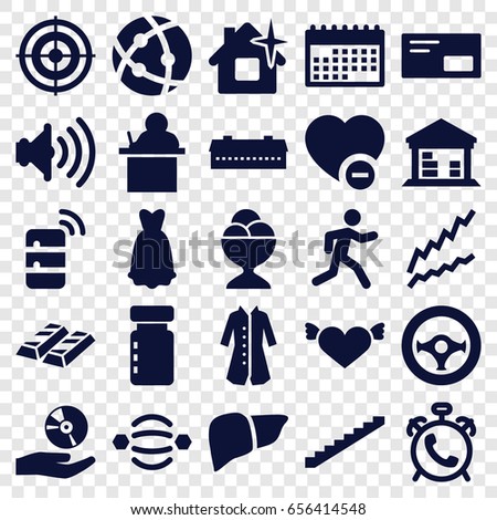 Concept icons set. set of 25 concept filled icons such as barn, alarm, stairs, clean house, overcoat, heart with wings, ice cream ball, liver, running, cargo barn