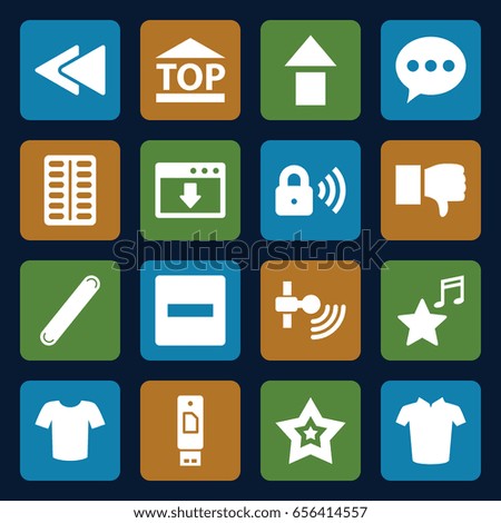 Website icons set. set of 16 website filled icons such as t-shirt, pill, top of cargo box, bandage, play back, favorite music, star, security lock, minus, dislike, chat