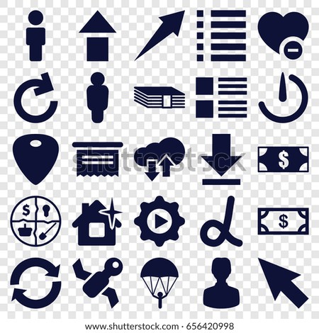 App icons set. set of 25 app filled icons such as money, clean house, minus favorite, guitar mediator, download, menu, play in gear, stopwatch camera, download upload cloud