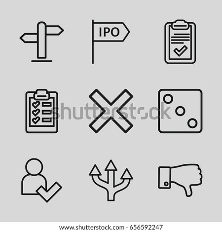 Choice icons set. set of 9 choice outline icons such as dice, dislike, clipboard, add user, direction, arrow
