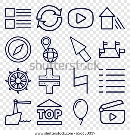 Navigation icons set. set of 16 navigation outline icons such as road, top of cargo box, pin on globe, helm, pause, menu, balloon, arrow up, lighthouse, play, pointer, compass