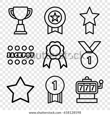 Prize icons set. set of 9 prize outline icons such as slot machine, star, jackpot, trophy, ribbon, medal, number 1 medal