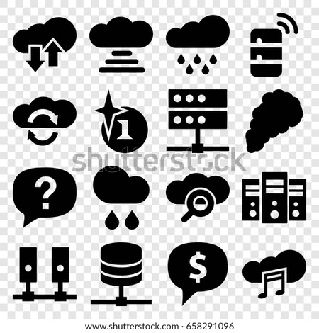 Cloud icons set. set of 16 cloud filled icons such as explosion, rain, smoke, server