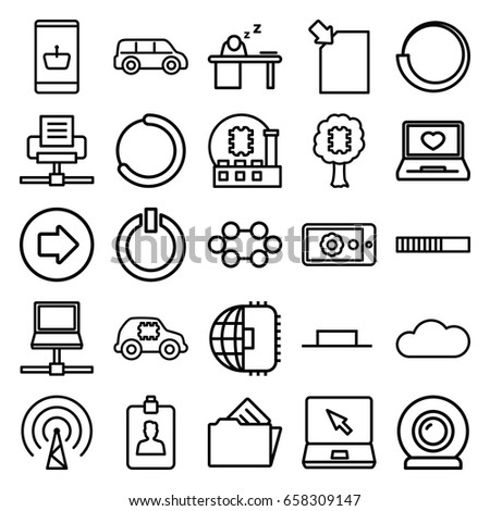 Computer icons set. set of 25 computer outline icons such as arrow right, laptop with heart, laptop, music pause, clipboard, man sleeping on table, document in folder, cloud