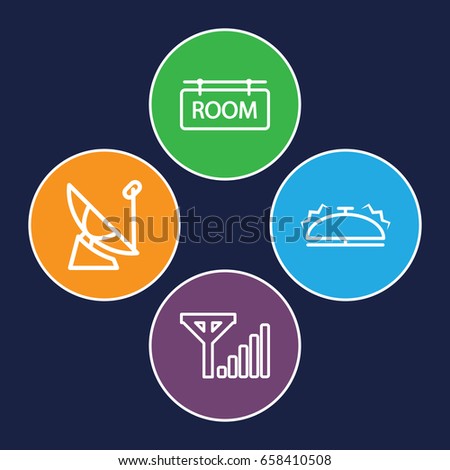 Reception icons set. set of 4 reception outline icons such as room tag, bell, mobile signal