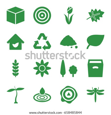 Environment icons set. set of 16 environment filled icons such as plant, leaf, dragonfly, water drop, ground heap, arrow up, box, tree, eco house, recycle, flower