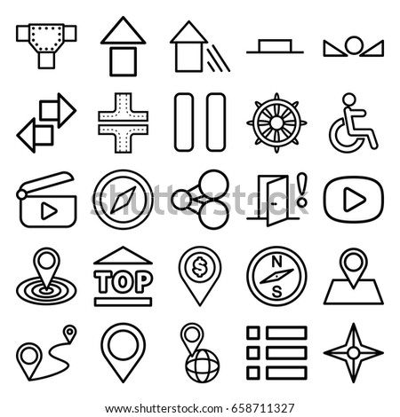 Navigation icons set. set of 25 navigation outline icons such as road, map location, disabled, top of cargo box, pin on globe, location pin, distance, helm, music pause, pause
