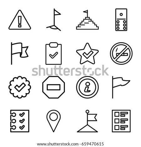 Mark icons set. set of 16 mark outline icons such as flag, checklist, info, pyramid flag, star, warning, tick, minus, location, no smoking