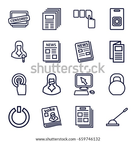 Press icons set. set of 16 press outline icons such as pointer on display, push button, news, barbell, magazine, woman speaker, touchscreen, arm lever, censored woman