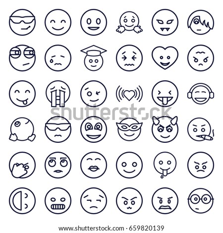 Emotion icons set. set of 36 emotion outline icons such as heart, heart face, smiley, smiling emot, wink emot, emoji in mask