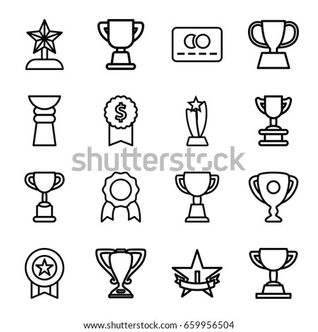 Set of 16 reward outline icons such as credit card, trophy, 1st place star, medal, star trophy