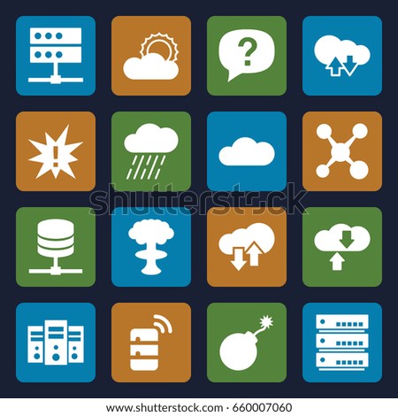 Cloud icons set. set of 16 cloud filled icons such as explosion, rain, sun, server, exclamation, share