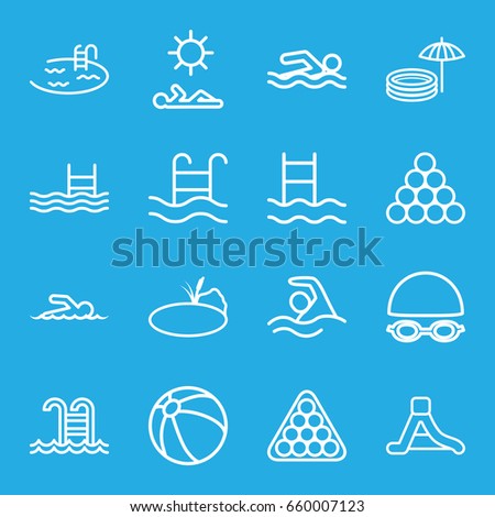 Pool icons set. set of 16 pool outline icons such as beach ball, billiards, waterslide, pond, swimmer, man laying in sun, swimming