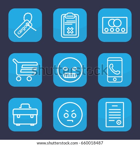 Customer icon. set of 9 outline customer icons such as credit card, toolbox, cargo tag, clipboard, bill of house, angry emot, shopping cart
