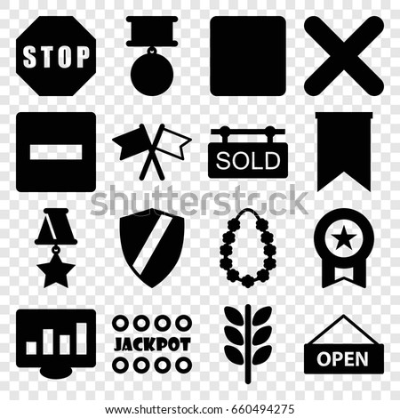 Banner icons set. set of 16 banner filled icons such as jackpot, stop, cancel, flag, garland, sold tag, open plate, medal, wheat, minus, shield