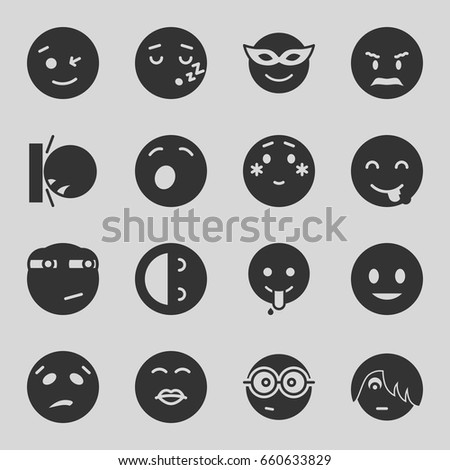 Emotion icons set. set of 16 emotion filled icons such as smiling emot, wink emot, emoji in mask