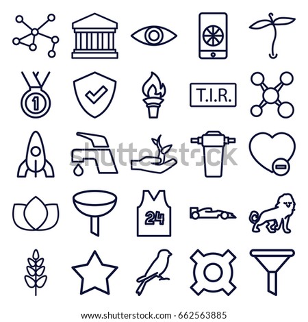 Emblem icons set. set of 25 emblem outline icons such as lion, sparrow, plant, rocket, lotus, star, tap, tir, connection, minus favorite, eye, court building, plant on hand