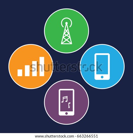 Cellular icons set. set of 4 cellular filled icons such as signal tower, mobile phone music, phone