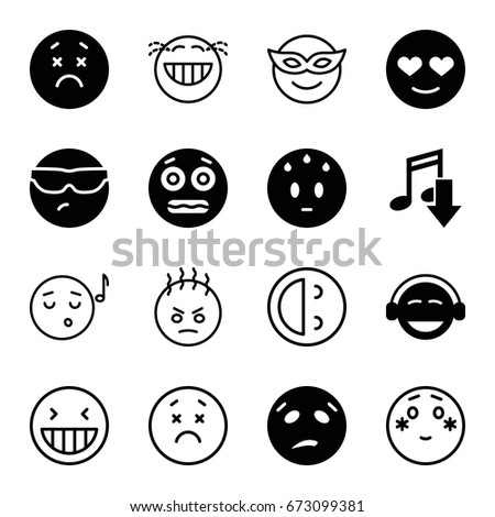 Expression icons set. set of 16 expression filled and outline icons such as cool emot in sunglasses, upset emot, emoji, shocked emoji