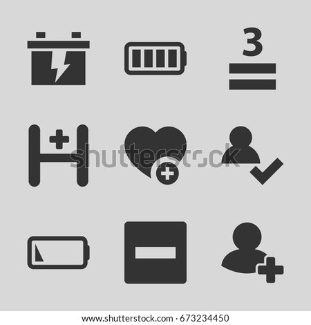 Plus icons set. set of 9 plus filled icons such as battery, 3 allowed, add favorite, add friend, hospital, ful battery, low battery, minus
