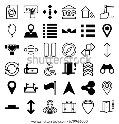 Navigation icons set. set of 36 navigation filled and outline icons such as escalator, road, man move, navigation arrow, location pin, location, binoculars, flag, music pause
