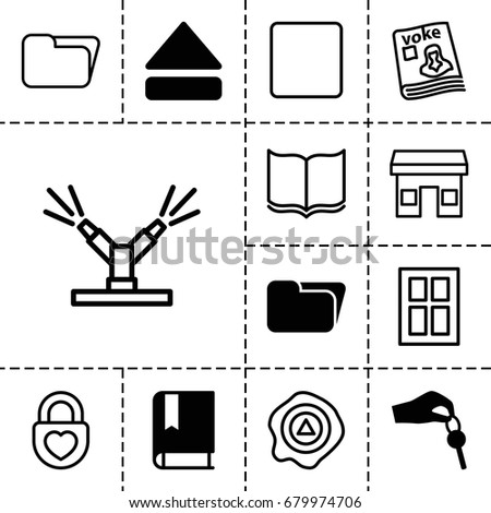 Open icon. set of 13 filled and outline open icons such as eject button, hand with key, book, window, arrow up, heart lock, magazine, stop, watering system, store