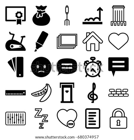 Web icons set. set of 25 web filled and outline icons such as alarm, door with heart, tag, sad emot, highlighter, chat, exercise bike, diploma, graph, document, photos
