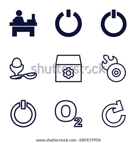 Round icons set. set of 9 round filled and outline icons such as table, switch off, gear, boiled egg, disc flame, reload